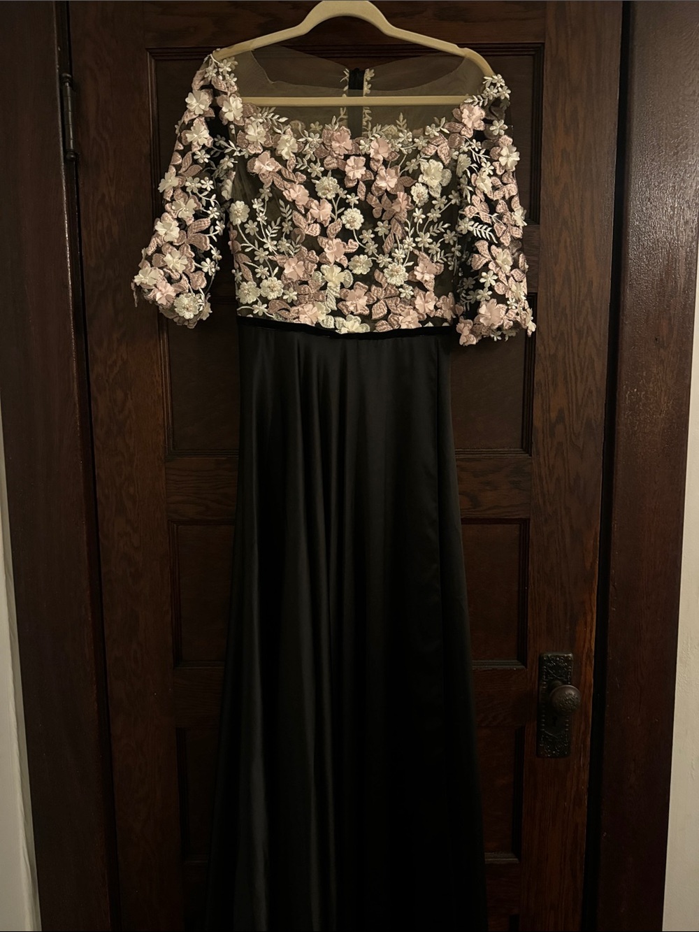 Pauline Black Long-Sleeve Evening Dress with Pink Floral Appliqué Bodice